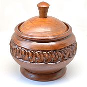 Carved wooden salt cellar with lid and spoon 