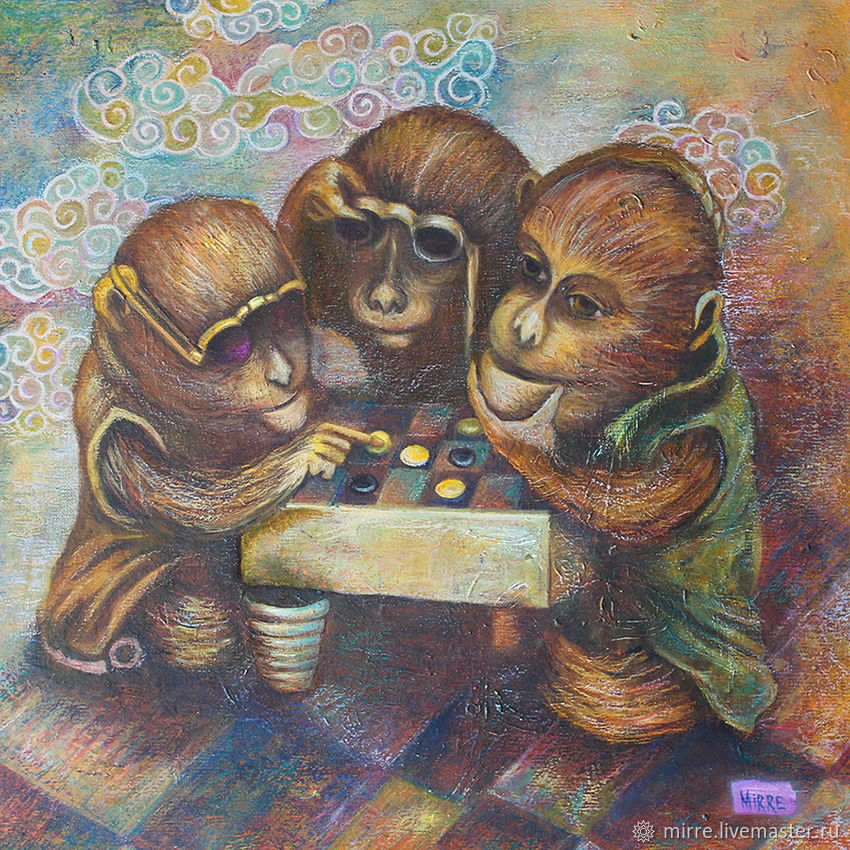 Картина для интерьера, обезьяны, игра в го, картина маслом купить, Картины, Санкт-Петербург,  Фото №1