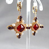 Украшения handmade. Livemaster - original item Cross earrings with garnet and pearls, Byzantine earrings. Handmade.
