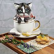Чайный сервиз фарфоровый "Коты на кетке"