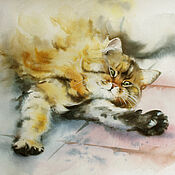 Картина акварелью пушистый кот