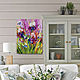 Oil painting with bright irises. Colorful irises in the picture