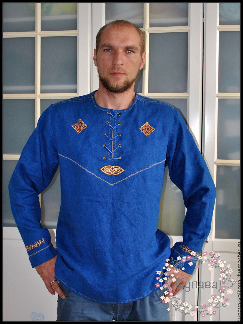 Men's blue linen shirt with embroidery ' Luck', People\\\'s shirts, Anapa,  Фото №1