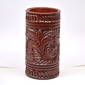 Wooden hand-carved pencil holder with cones