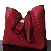 Bag: Bag made of burgundy-red corduroy and genuine leather
