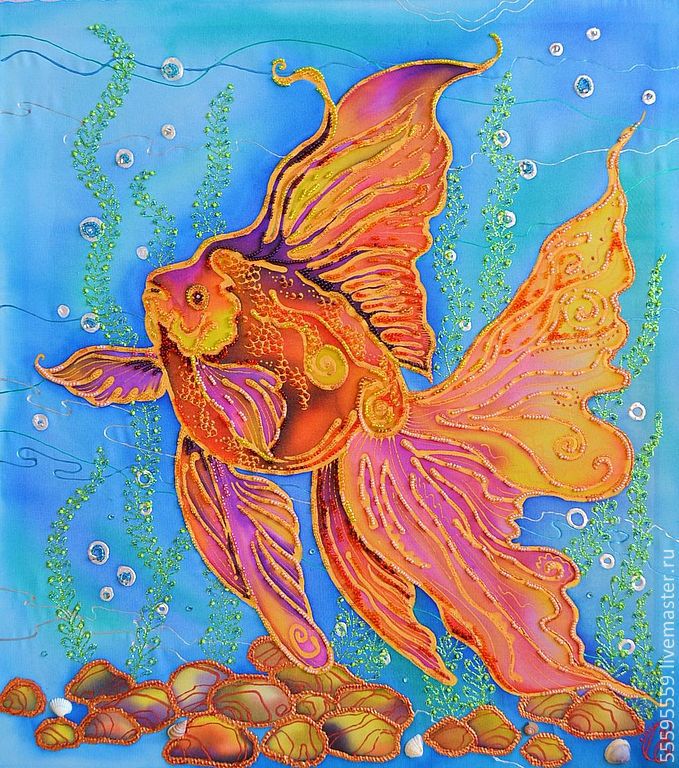 Рыбы жар птица. Золотая рыбка батик. Батик рыбы. Рыбка в технике батик. Витраж Золотая рыбка.