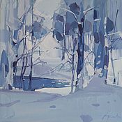 Картины и панно handmade. Livemaster - original item Painting winter landscape in the forest painting in blue blue scale 30 by 30 cm. Handmade.