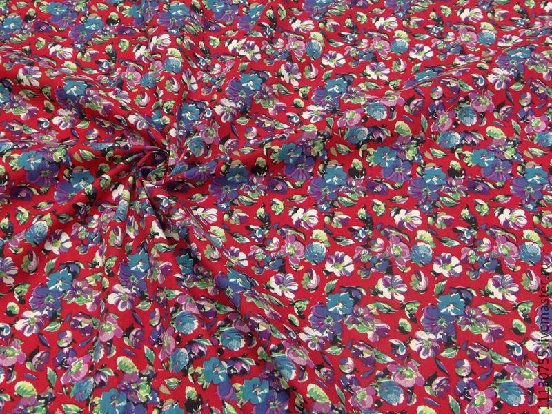 Ткань натуральная хлопок поплин, цветы на красно н61, Ткани, Москва,  Фото №1
