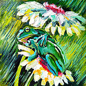 Картины и панно handmade. Livemaster - original item Painting Frog Oil Cardboard 15 x 15 Frogs Chamomile Rain Drops. Handmade.