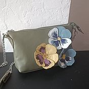 Сумки и аксессуары handmade. Livemaster - original item Women`s leather bag.Clutch Bag with applique. Violas are green. Handmade.