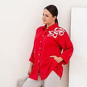 Одежда handmade. Livemaster - original item Red shirt-beautiful with embroidery Linen with viscose. Handmade.