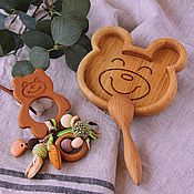 Работы для детей, handmade. Livemaster - original item Gift set for baby Bear (rattle, plate, spoon). Handmade.
