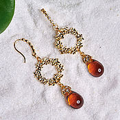 Украшения handmade. Livemaster - original item Long earrings with gold and droplets of glass the color of dark honey. Handmade.