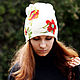 White knitted women's winter hat with rhinestones and embroidery poppies, Caps, Murcia,  Фото №1