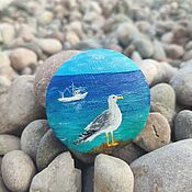 Украшения handmade. Livemaster - original item A Seagull brooch on a stone. Miniature painting on canvas. Seascape. Handmade.