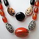 A set of jewelry from natural stones in the Eastern and African style of Zambia. Black and orange color scheme. Spectacular , stylish, exotic decoration.