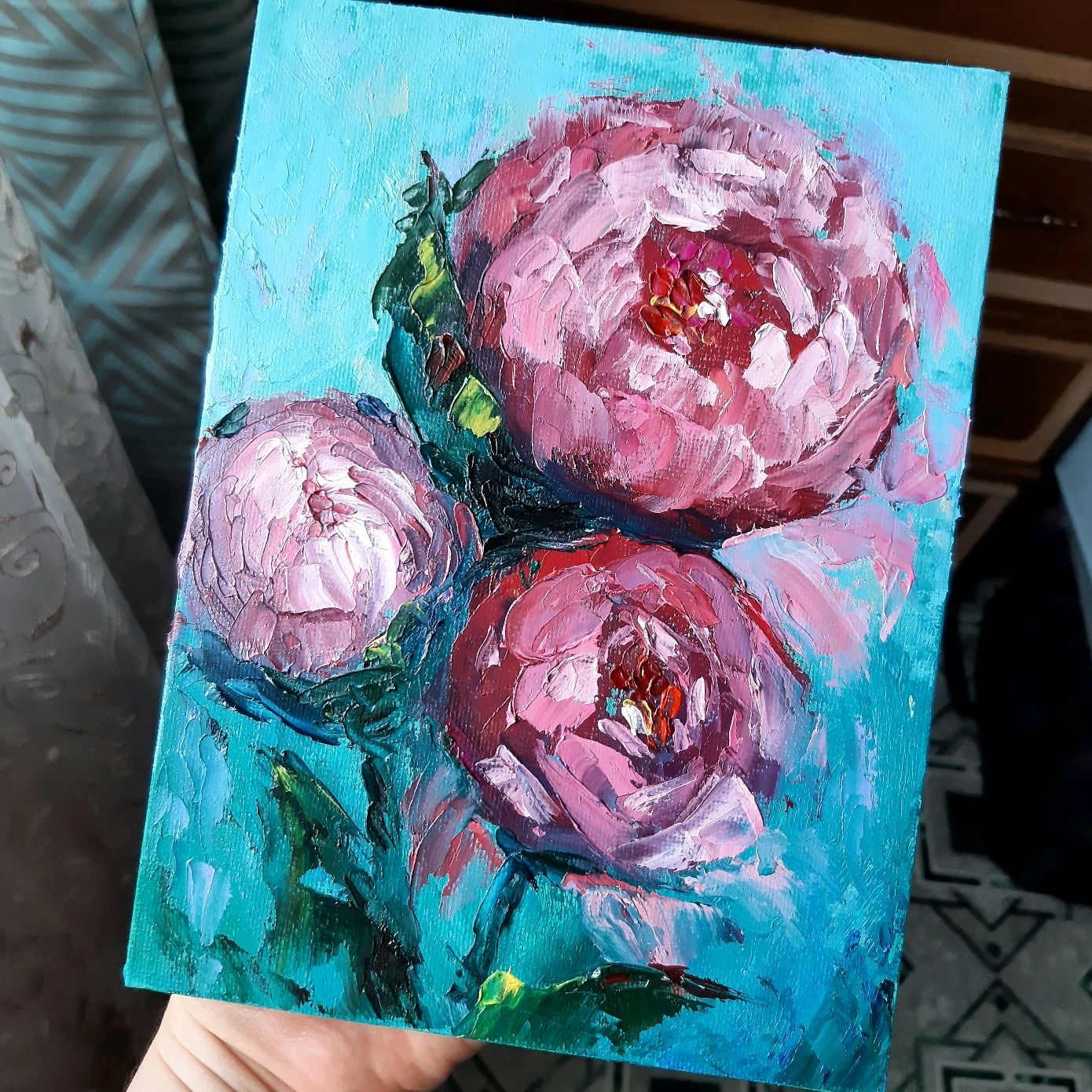 Розовые пионы картина маслом, абстрактные пионы мастихином в интернет-магазине Ярмарка Мастеров по цене 1062.5 ₽ – OF3JGRU