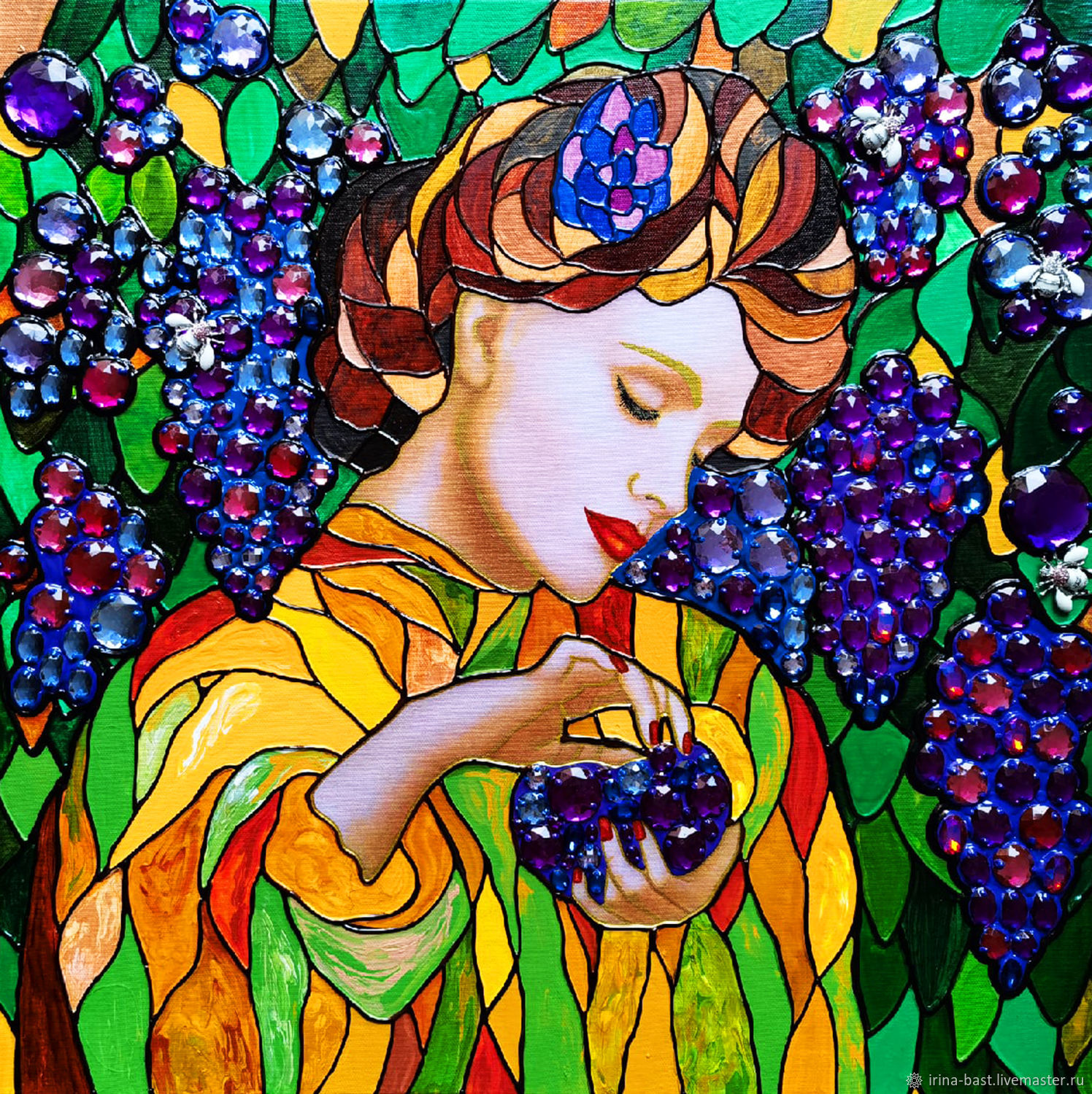A stained glass painting of a Girl with grapes. Art Nouveau Modern – купить  на Ярмарке Мастеров – PM4ZACOM