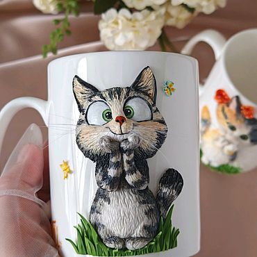 Посуда ручной работы. Ярмарка Мастеров - ручная работа Кот - кружка с декором. Handmade.