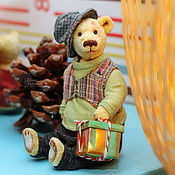 Куклы и игрушки handmade. Livemaster - original item Teddy bear - Mitya (dressed in clothes and hat with a gift) - OOAK. Handmade.