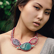 Украшения handmade. Livemaster - original item Soutache necklace `Serenity` with gemstones green beige. Handmade.