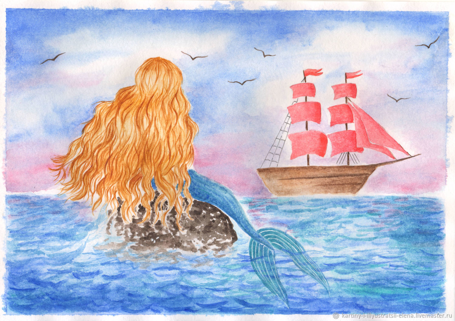 Детский рисунок Русалочка и корабль