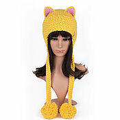 Аксессуары handmade. Livemaster - original item Hat with ears Cat knitted women`s Yellow warm. Handmade.
