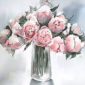 Картины и панно handmade. Livemaster - original item Painting pastel watercolor Peonies in a vase (pink gray flowers). Handmade.