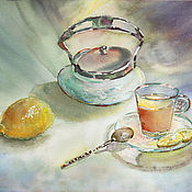 Картины и панно handmade. Livemaster - original item watercolor. Tea with lemon.. Handmade.