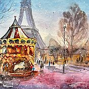 Картины и панно handmade. Livemaster - original item Magical Christmas Paris winter snow city watercolor painting. Handmade.
