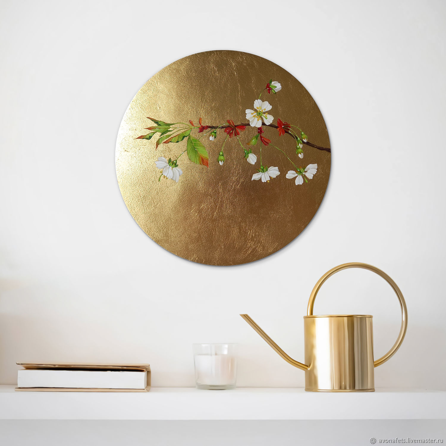 Круглая картина с золотом "Цветущая вишня", Картины, Симферополь,  Фото №1