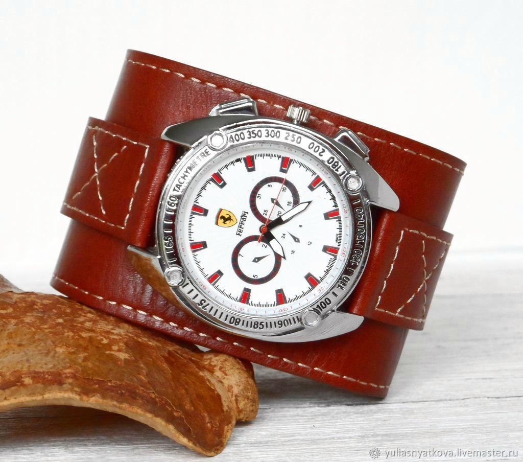 Wristwatch on Dark Red Brown Wide Leather Bracelet, Watches, St. Petersburg,  Фото №1