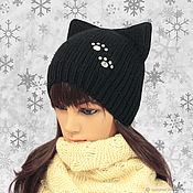 Аксессуары handmade. Livemaster - original item Hat with ears-Cat knitted Cat paws black. Handmade.