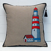 Для дома и интерьера handmade. Livemaster - original item Decorative pillow with embroidery in the marine style lighthouse. Handmade.