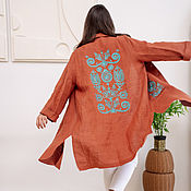 Одежда handmade. Livemaster - original item Elongated Linen Shirt Brick Color Turquoise Embroidery. Handmade.
