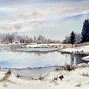 Картины и панно handmade. Livemaster - original item Mirror Lake landscape watercolor painting winter Muslimovsky Park taiga. Handmade.