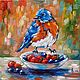 Robin and juicy berries oil painting. Buy a bird painting, Pictures, Moscow,  Фото №1