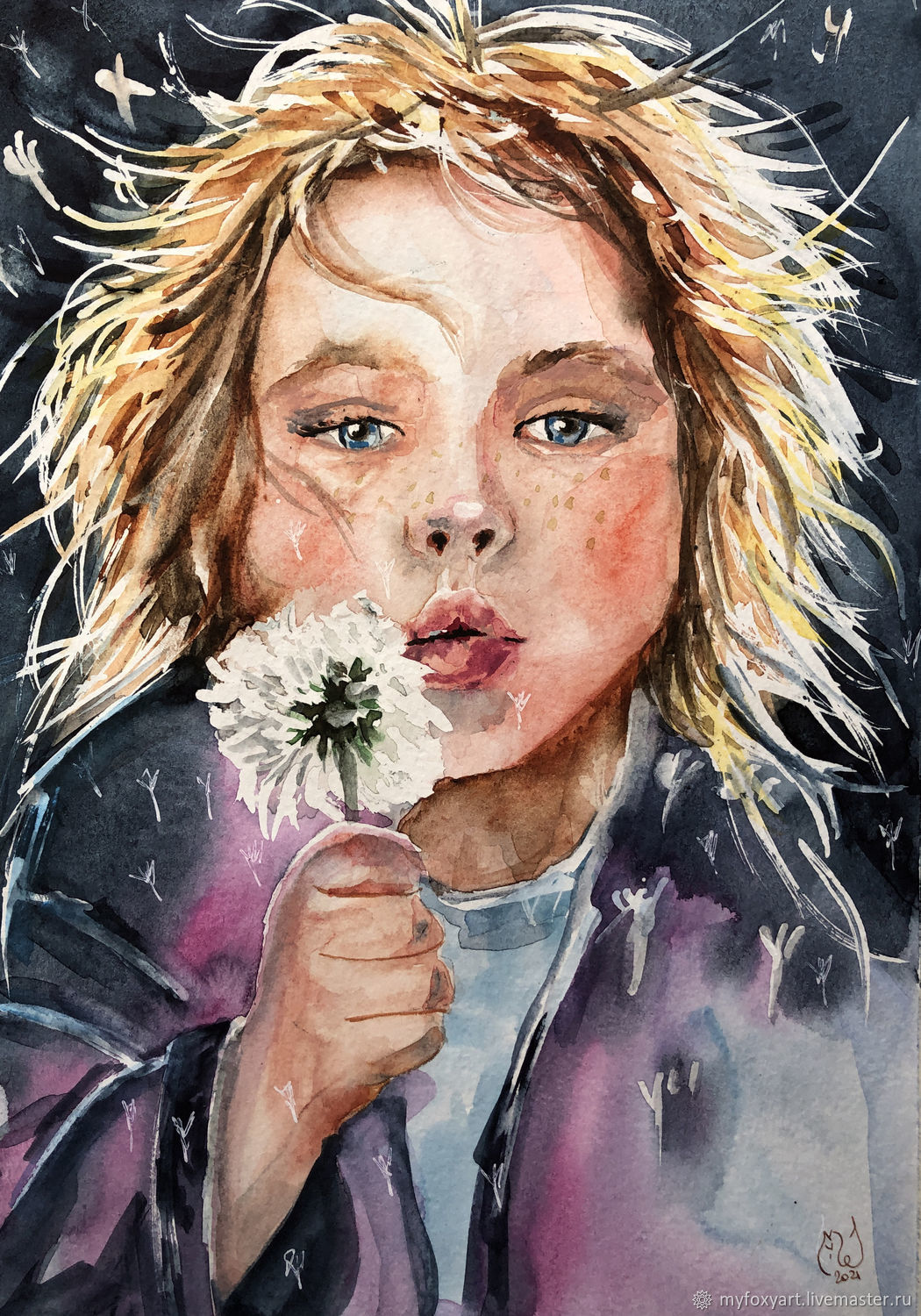 Одуванчик, картина с девочкой, акварель в детскую, 20х30см – заказать ...