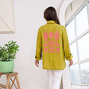 Одежда handmade. Livemaster - original item Linen Shirt color - chartreuse - pink embroidery on the back. Handmade.