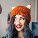 Hat with ears, warm, knitted, fox ears, fur hat, red, gift, Caps, Tambov,  Фото №1
