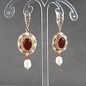 Украшения handmade. Livemaster - original item Oval earrings with verdolik, earrings with red stone and pearls. Handmade.
