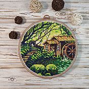 Картины и панно handmade. Livemaster - original item Cross-stitch Watermill in the forest. Handmade.