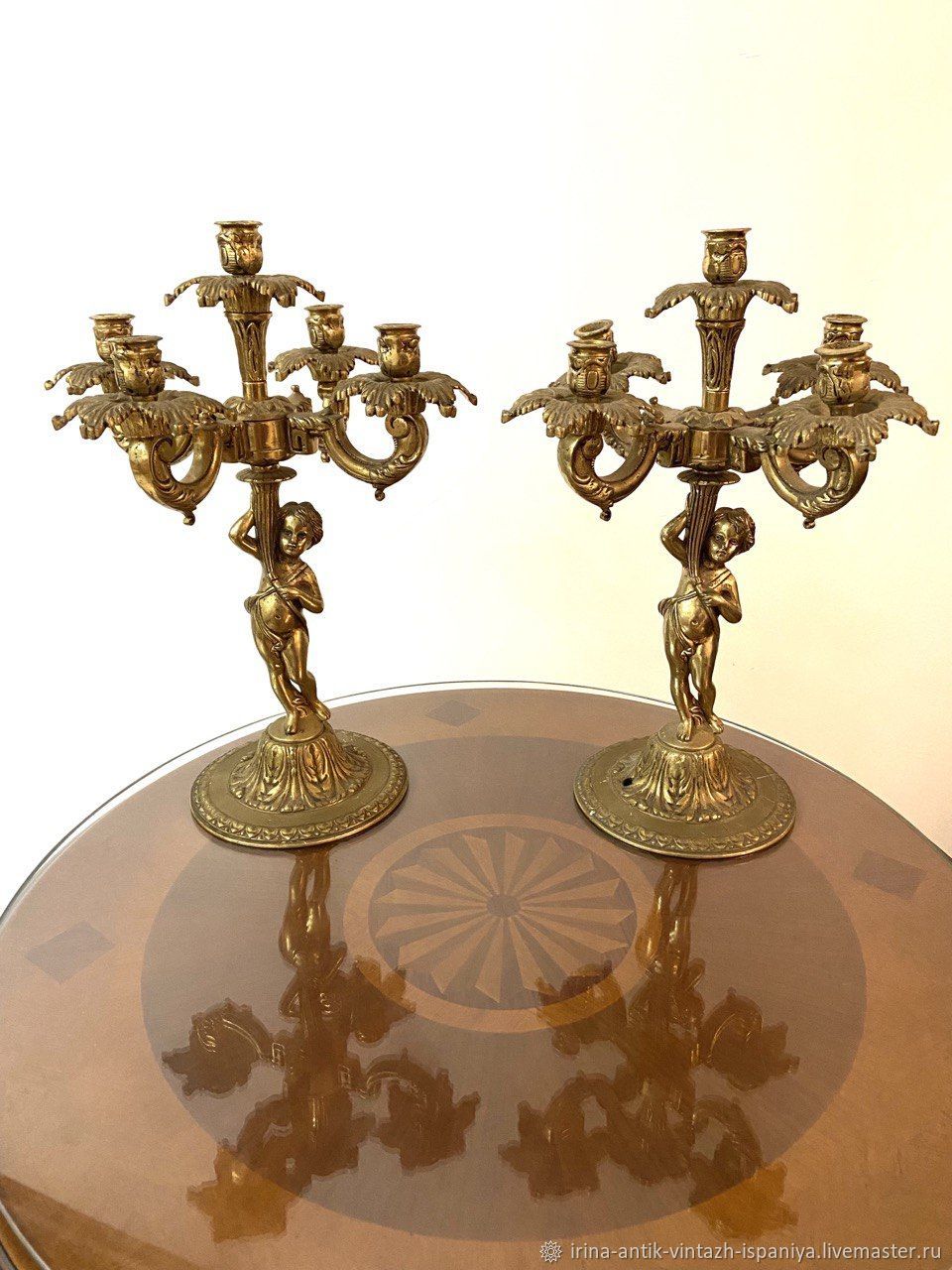 Винтаж: Антикварные бронзовые парные канделябры подсвечники с путти ...