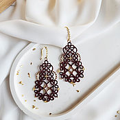 Украшения handmade. Livemaster - original item Evening earrings, braided large burgundy frivolite earrings. Handmade.