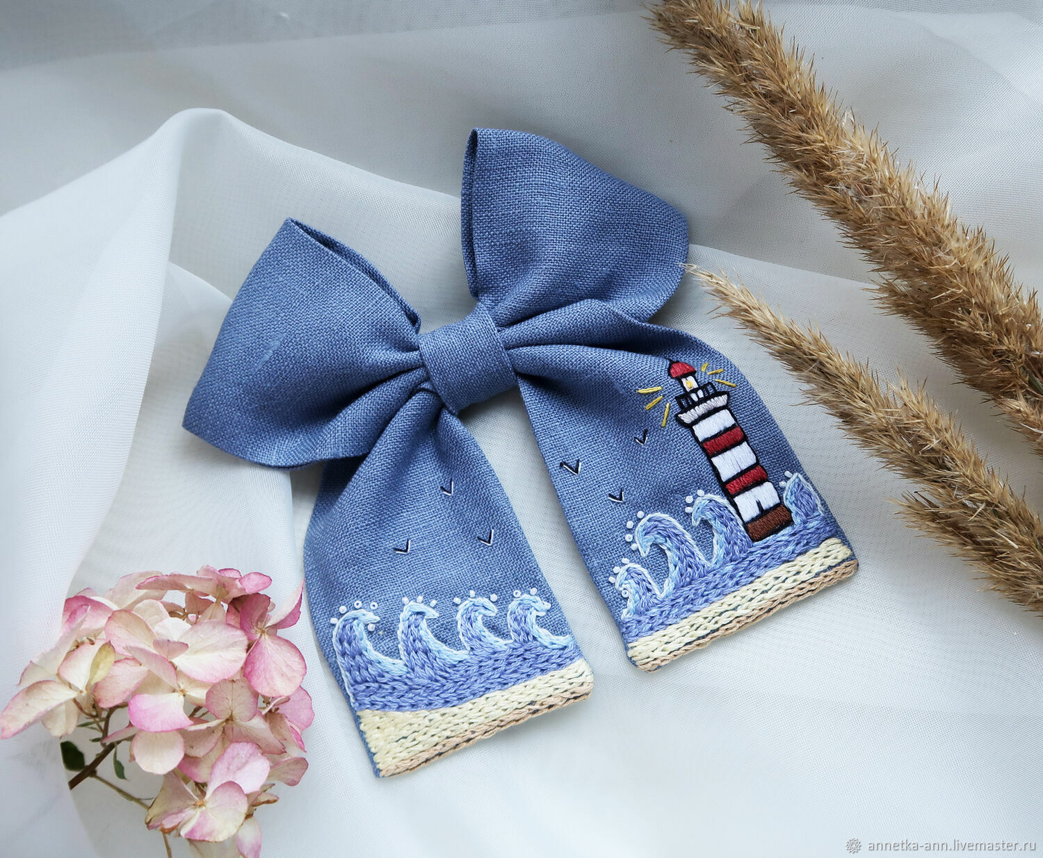 Bow Hairpin Linen - embroidery 'Sea and lighthouse', Hairpins, Fryazino,  Фото №1
