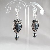 Украшения handmade. Livemaster - original item Larvikite Earrings with Pendant, Steel earrings with Grey pearls. Handmade.
