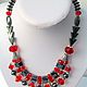 Ethnic necklace multi-row hematite and crystal in Oriental style Paso Doble in red and black colour scheme. A unique gift for stylish women and girls.