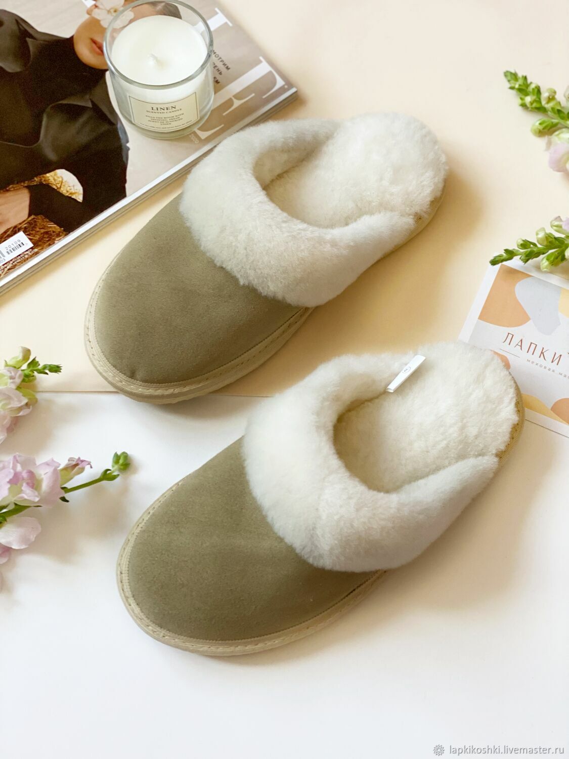 Меховые тапочки жемчужные закрытые с замшевым верхом оливковым купить в ...