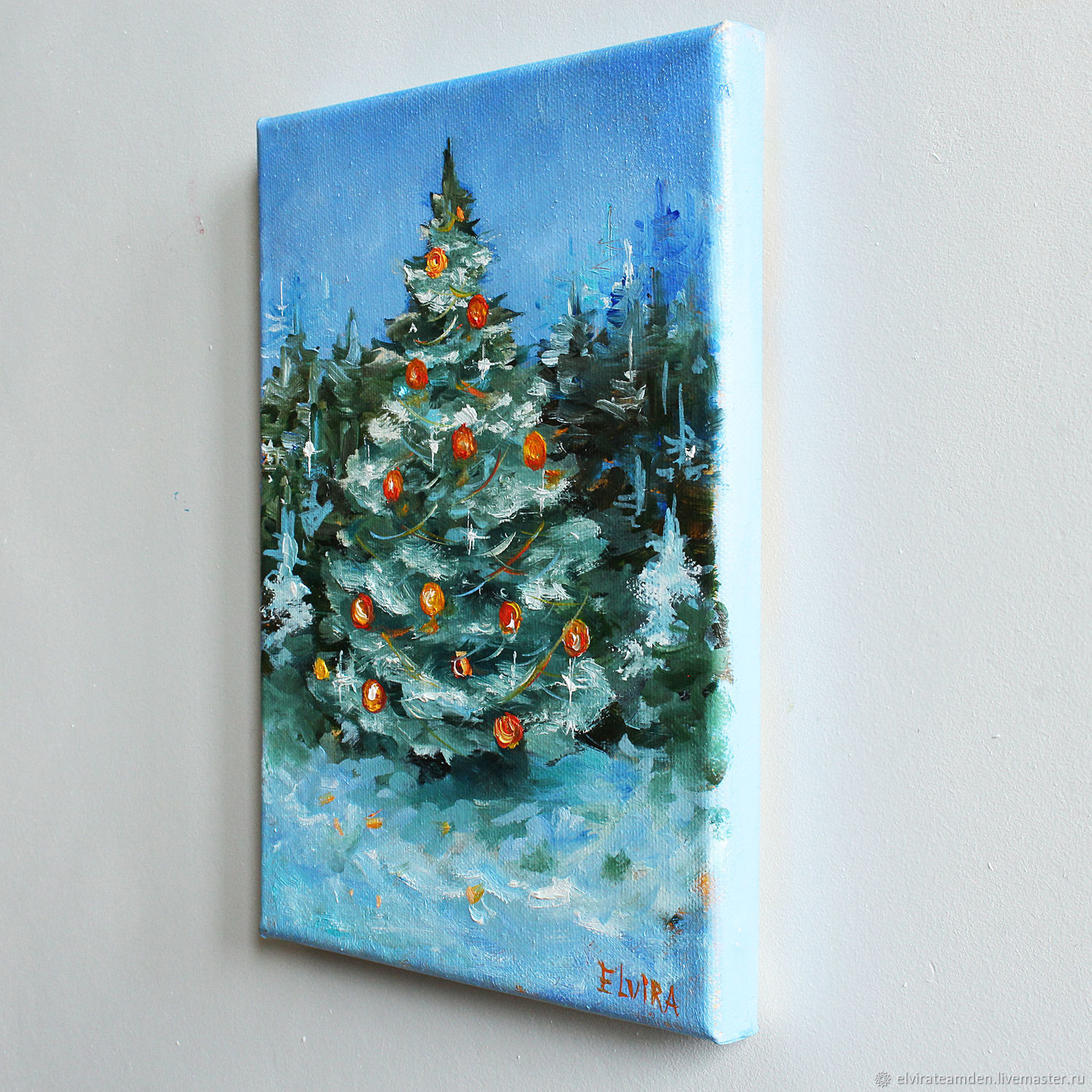 Картина Новогодняя ёлка Пейзаж зимы Картина праздник Зимний пейзаж в ...