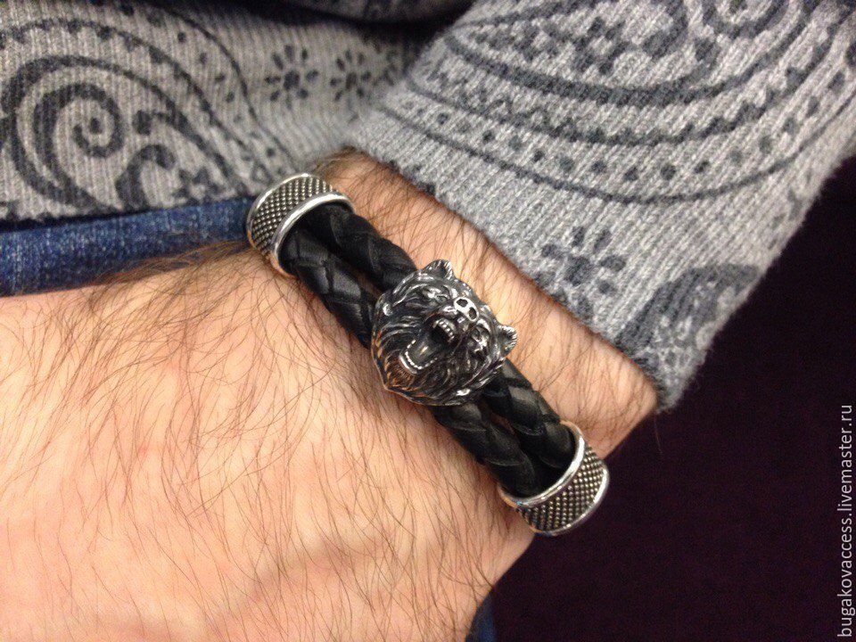 Leather / Silver Bracelet with Bear head, Braided bracelet, Moscow,  Фото №1